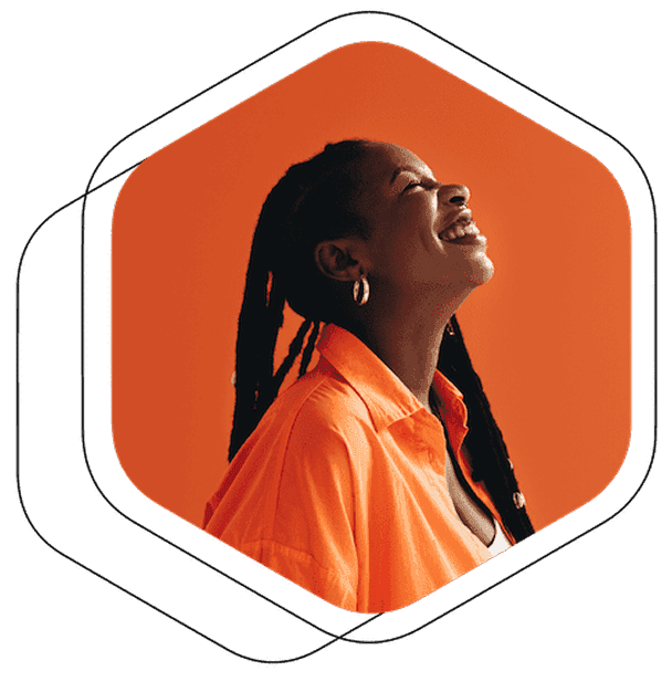 woman looking up and smiling