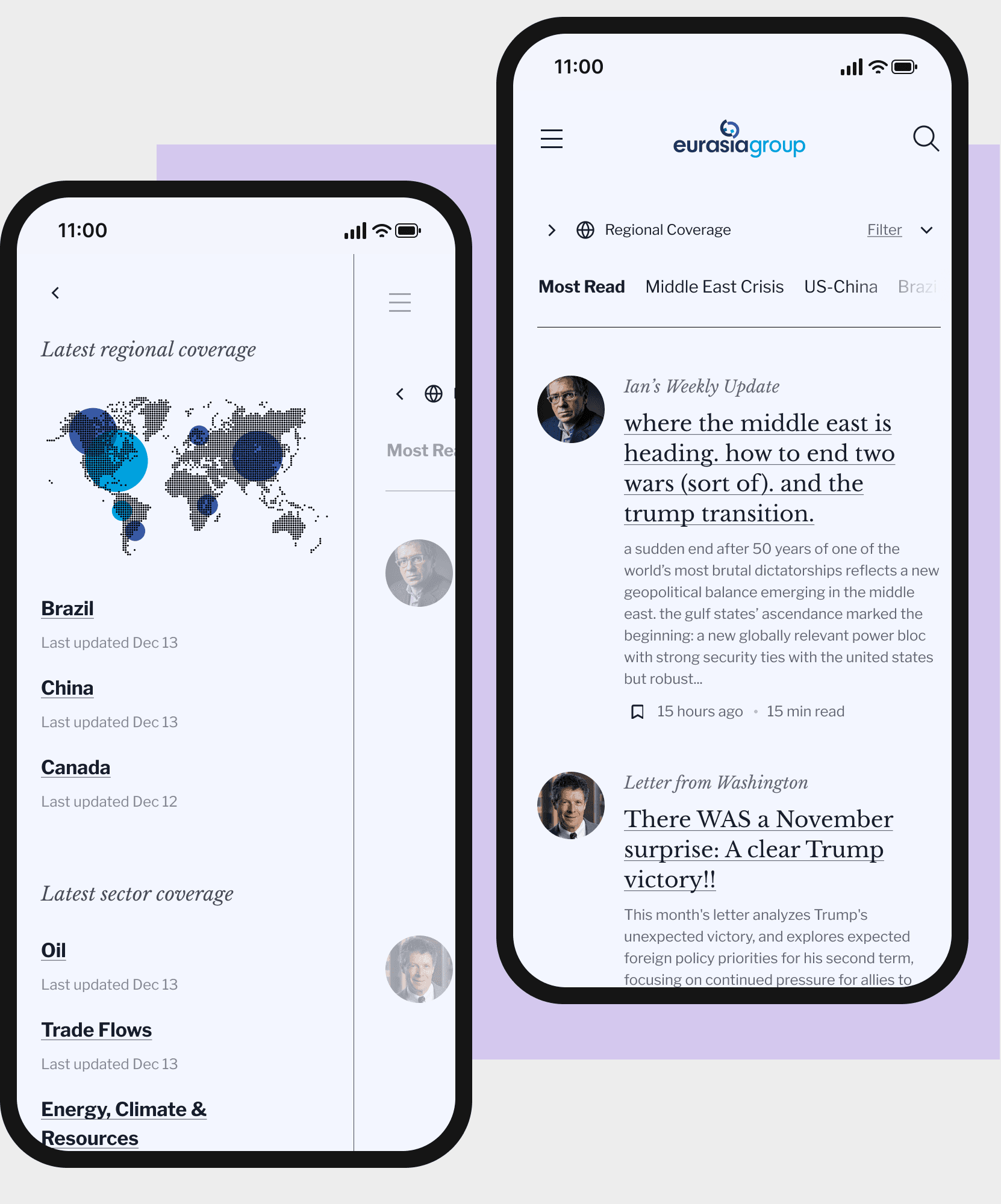 Eurasia Group mobile app: regional coverage and research feed screens.