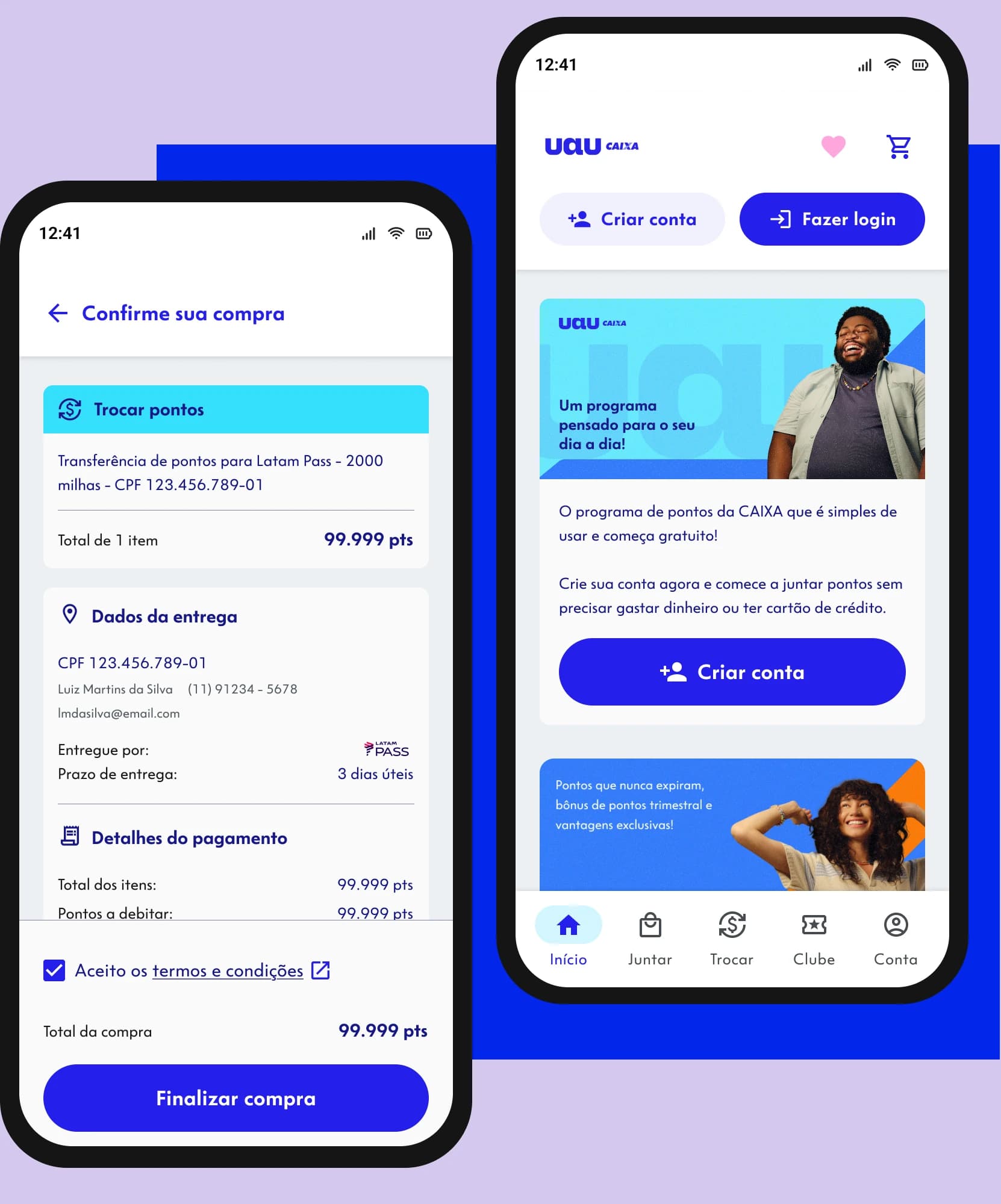 Two Uau CAIXA app screens: purchase confirmation and the signed-out home.
