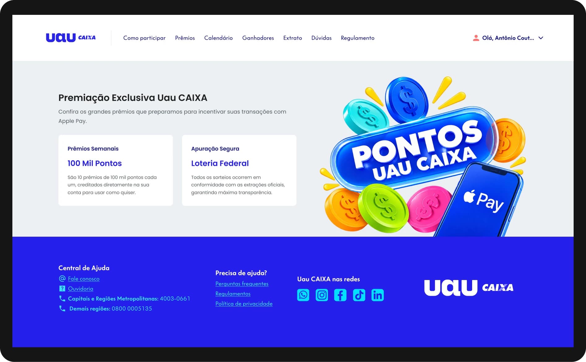 The Clube Uau web club: the Uau CAIXA rewards page for Apple Pay transactions.