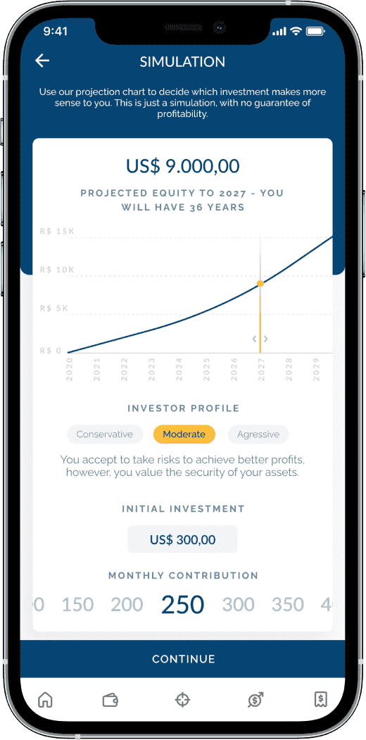 EQI investment app simulation screen for Cheesecake Labs fintech case study
