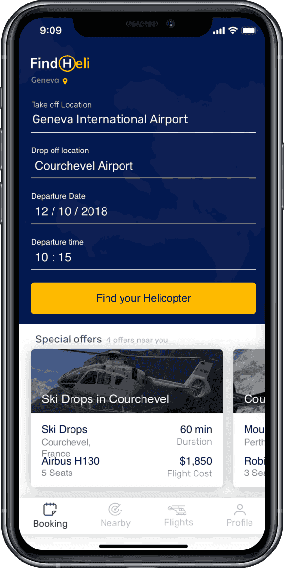 Findheli helicopter booking app screen 03 for Cheesecake Labs nearshore development case study